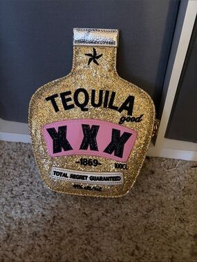 Glitter Gold 'Tequila XXX' Bottle Crossbody with Pink Accent